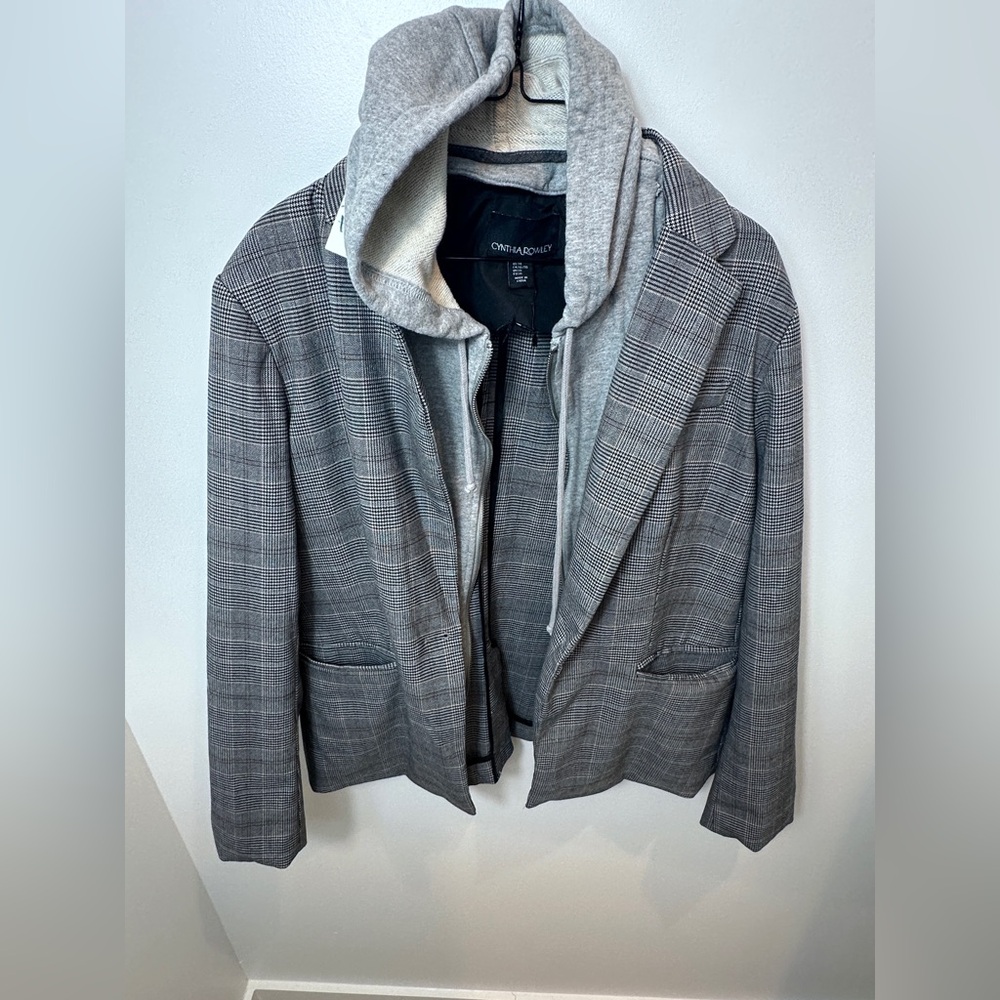Cynthia Rowley Grey Plaid Blazer Jacket Hoodie Insert Layered Look XL - Picture 3 of 11